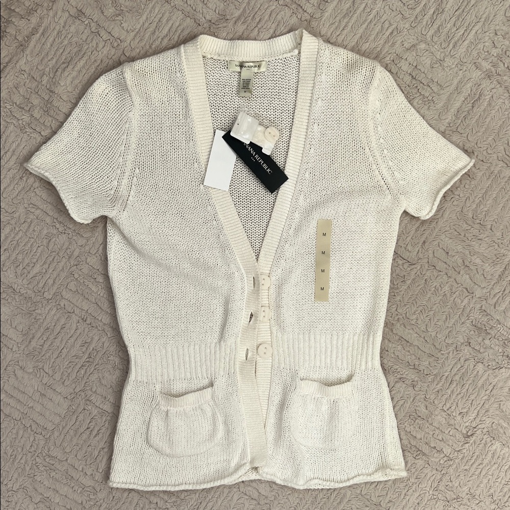 White Short Sleeve Cardigan cotton linen blend Size Medium, New - Picture 6 of 16